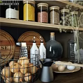 Organized Kitchen Storage With Glass Jars Cheese Boards Grater And Containers