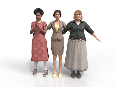 Three Women Standing Together In Different Stylish Outfits Dresses Skirt Suits and Long Skirts 3d model