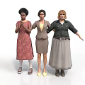 Three Women Standing Together In Different Stylish Outfits Dresses Skirt Suits and Long Skirts