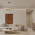 Elegant Modern Living And Dining Room Interior With Beige Sofa Coffee Tables And Round Chandelier