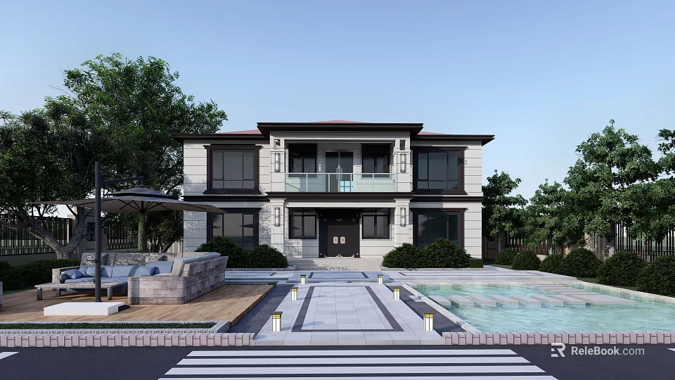 Modern Detached Villa Exterior Design With Stone Pathway Swimming Pool And Greenery 3d model 