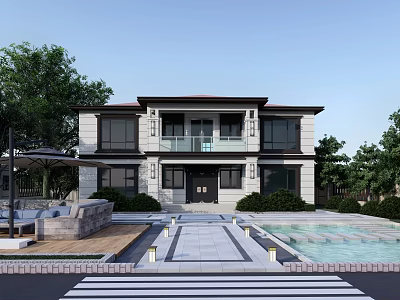 Modern Detached Villa Exterior Design With Stone Pathway Swimming Pool And Greenery 3d model