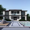 Modern Detached Villa Exterior Design With Stone Pathway Swimming Pool And Greenery