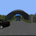 Large Curved Glass Canopy for Truck Entry with Green Lawn and Trees