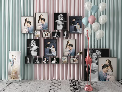 Photo Wall with Light Blue Pink Background Multiple Portrait Photos White Balloons Pink Flamingo Decor 3d model