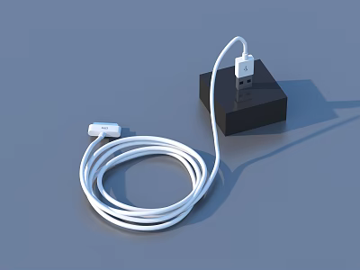 Black USB Hub Accessory With Coiled White USB Data Cable 3d model