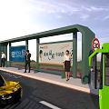 Urban Bus Station With Green Shelter Billboards White Sports Car And Bicycles