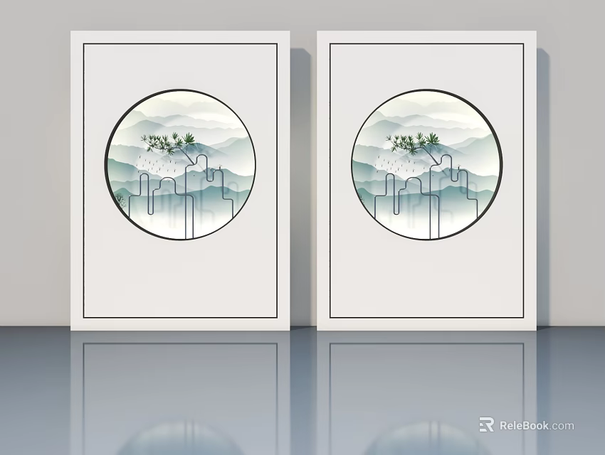 Modern Hinged Door With Circular Landscape Painting And White Frame Design 3d model 