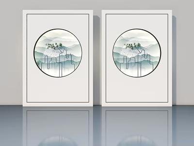 Modern Hinged Door With Circular Landscape Painting And White Frame Design 3d model