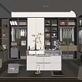 Luxurious Walk in Closet Interior With Open Shelves Hanging Clothes And Central Vanity