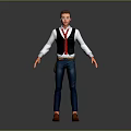3D Human Character Model Wearing White Shirt Black Vest Red Tie And Blue Jeans
