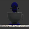 Blue Stand Mixer Kitchen Appliance With Stainless Steel Bowl On White Marble Countertop