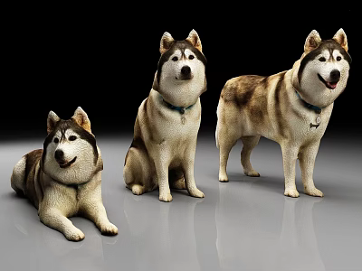 Three Husky Dog Figurines in Different Poses with Collars on Gray Surface 3d model