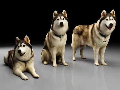 Three Husky Dog Figurines in Different Poses with Collars on Gray Surface 3d model