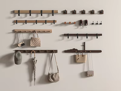 Various Wall Hooks Mounted on Wall with Hanging Bags and Umbrella for Home Organization 3d model