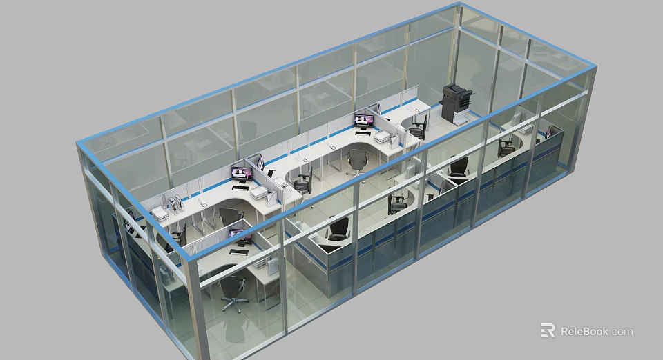 Modern Public Office Area With Glass Partitions Multiple Workstations And Computer Monitors 3d model