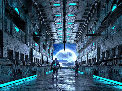 Futuristic Corridor With Blue Neon Lights Two Figures And Distant Moon Sky 3d model
