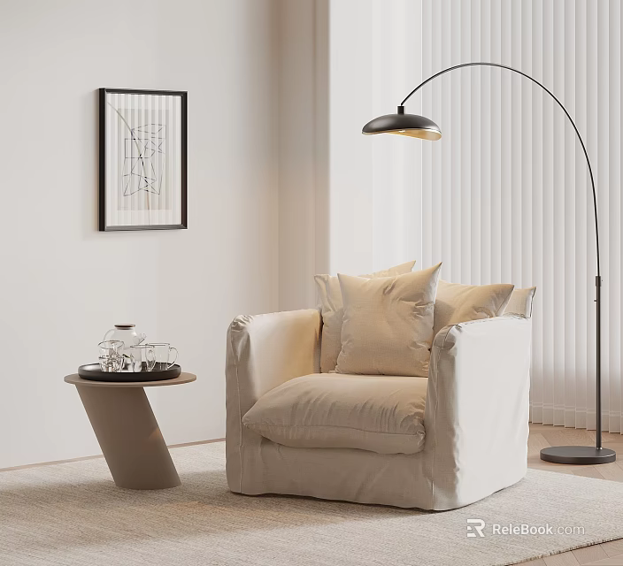 Stylish Beige Single Sofa With Cushions Side Table Tea Set And Floor Lamp 3d model 