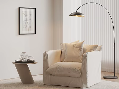 Stylish Beige Single Sofa With Cushions Side Table Tea Set And Floor Lamp 3d model
