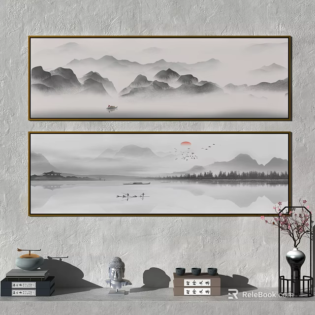 Traditional Chinese Landscape Paintings With Misty Mountains Lake Boats Red Sun And Flying Birds 3d model 