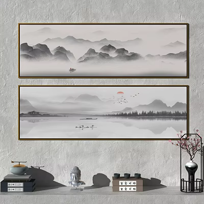 Traditional Chinese Landscape Paintings With Misty Mountains Lake Boats Red Sun And Flying Birds 3d model