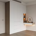 Modern White Wardrobe Design With Wooden Accent And Vanity Mirror Lighting