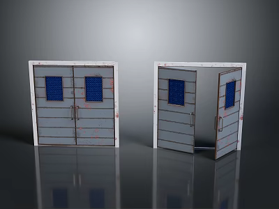 Gray Storage Furniture With Blue Panel Doors And One Open Door Design 3d model