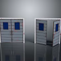Gray Storage Furniture With Blue Panel Doors And One Open Door Design