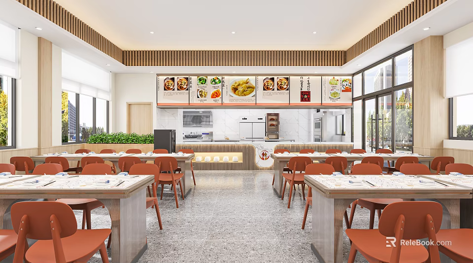 Bright Restaurant Interior With Large Windows Orange Chairs White Tables And Food Menu Boards 3d model 