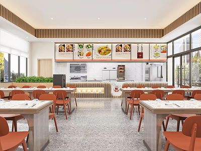 Bright Restaurant Interior With Large Windows Orange Chairs White Tables And Food Menu Boards 3d model
