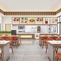 Bright Restaurant Interior With Large Windows Orange Chairs White Tables And Food Menu Boards