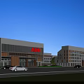 Modern Office Building Exterior With Red Signage And Parked Cars On Road