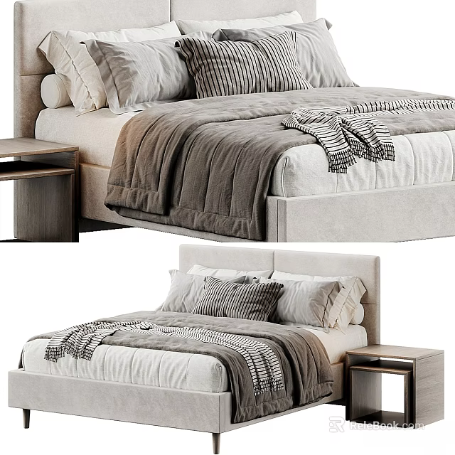 Modern Double Bed Setup With Striped Pillows Gray Blanket And Wooden Nightstand 3d model 