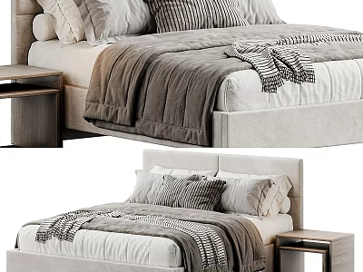 Modern Double Bed Setup With Striped Pillows Gray Blanket And Wooden Nightstand 3d model