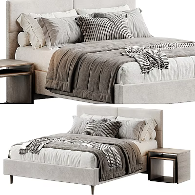 Modern Double Bed Setup With Striped Pillows Gray Blanket And Wooden Nightstand 3d model