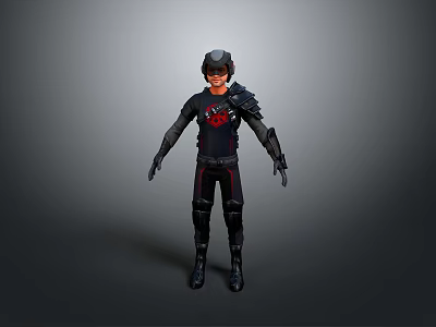 3D Render Mythical Creature Character in Black Armored Suit With Red Chest Logo and Helmet 3d model