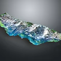 Colorful 3D Terrain Model With Blue Green White Mountain And Valley Textures
