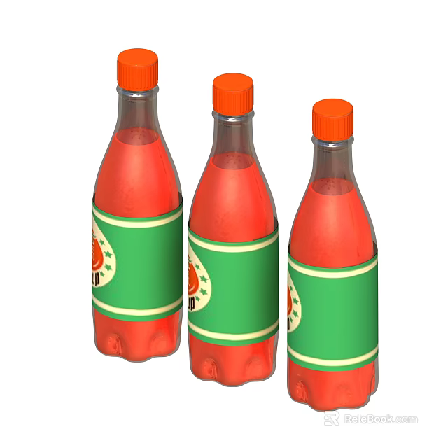 Red Beverage in Three Transparent Plastic Bottles with Orange Caps and Green Labels 3d model 