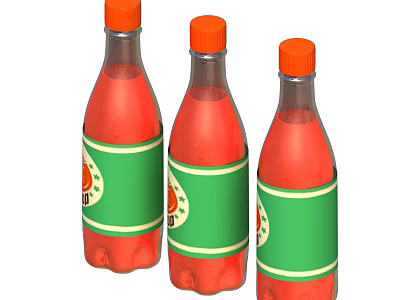Red Beverage in Three Transparent Plastic Bottles with Orange Caps and Green Labels 3d model