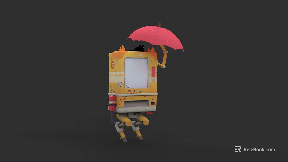 Yellow Robot Character Holding Red Umbrella With White Screen And Mechanical Legs 3d model 