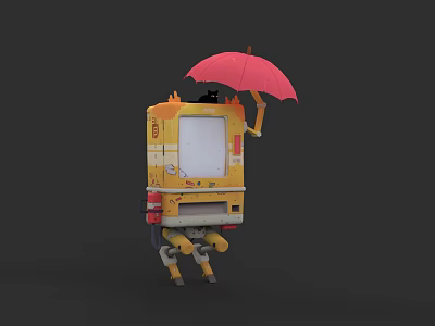Yellow Robot Character Holding Red Umbrella With White Screen And Mechanical Legs 3d model