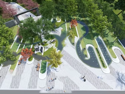 Beautiful Park Landscape Design With Winding Pathways Lush Trees Water Features And Seating Areas 3d model