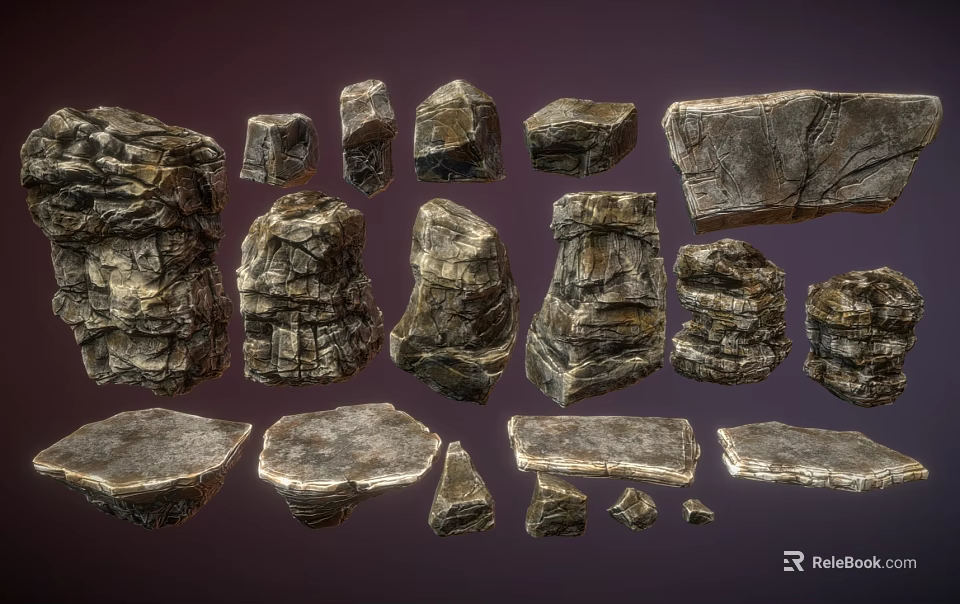 Detailed Textured Stone Blocks and Carved Wooden Pieces for Landscape Design Projects 3d model 