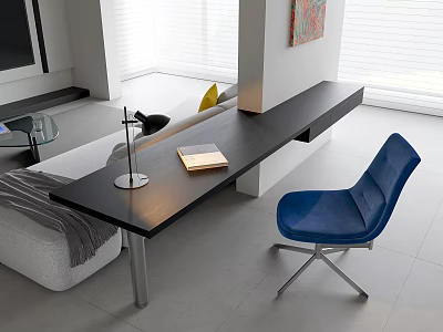 Modern Black Desk With Blue Chair Table Lamp And Yellow Book 3d model