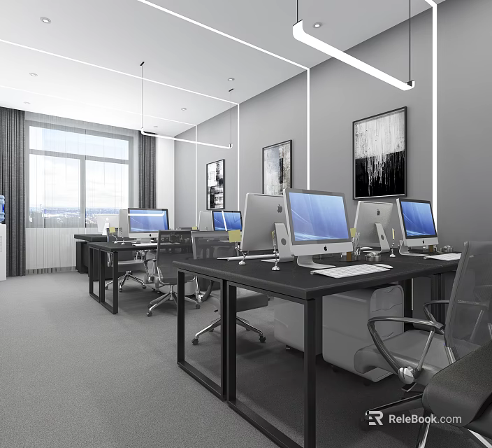 Modern Public Office Space With Computers Desks Chairs Windows And Wall Paintings 3d model