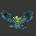 Vibrant Blue And Orange Parrot Spreading Wings Flying In Studio With Gray Background 3D Render