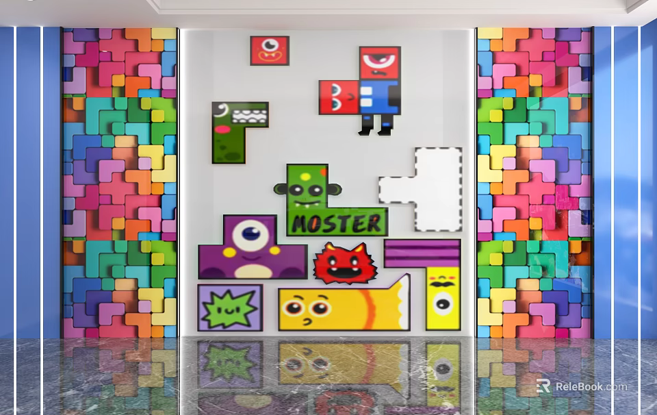 Vibrant Cartoon Background Wall With Colorful Blocks Cartoon Monster Figures Eye Patterns And MONSTER Text 3d model 