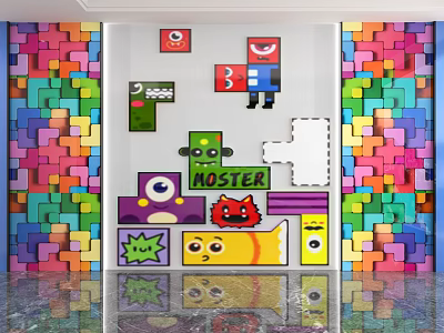 Vibrant Cartoon Background Wall With Colorful Blocks Cartoon Monster Figures Eye Patterns And MONSTER Text 3d model