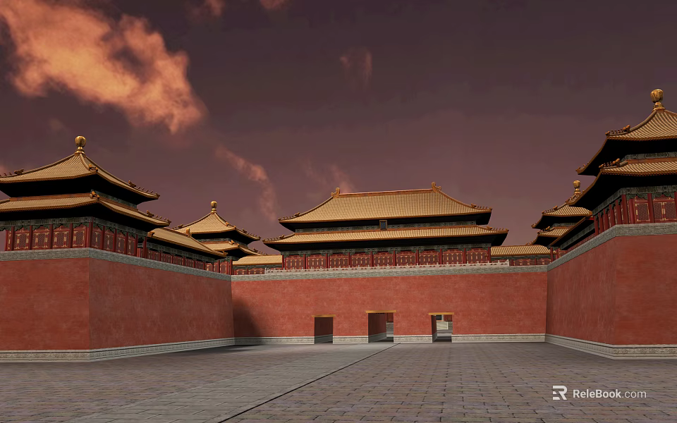 Ancient Chinese Architecture Featuring Red Walls Golden Roofs And Traditional Courtyard 3d model 