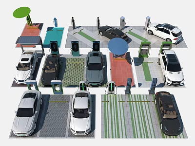 Electric Vehicle Charging Station Layout With Parked Cars And Charging Facilities 3d model